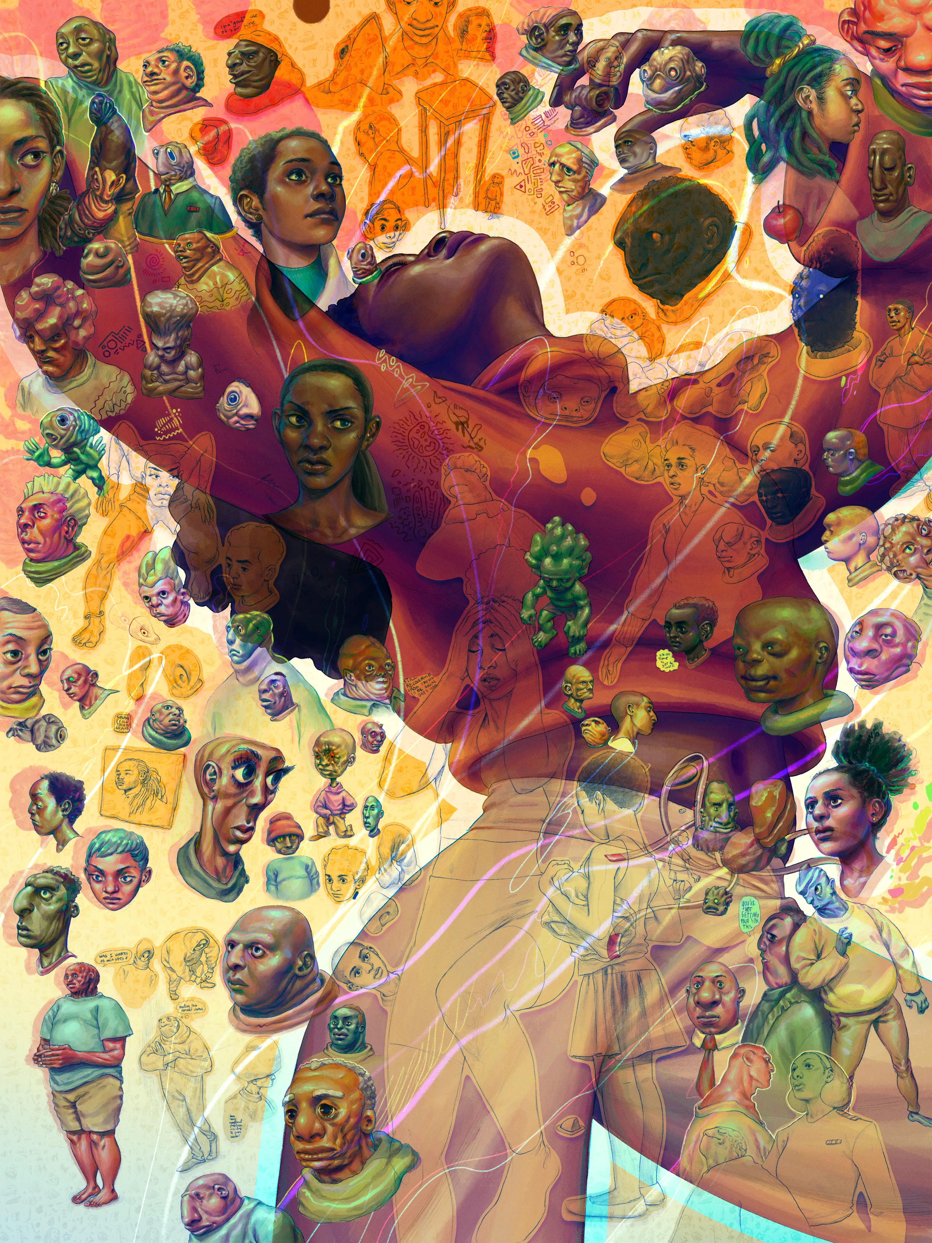 a woman in a midriff exposing red jumper flinging her hands up in frustration. there's some surreal stuff around her; other people, little creatures, abstract objects, speech bubbles.